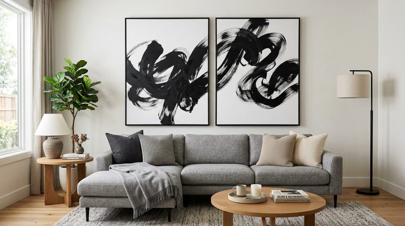 A light grey sectional sofa sits below two framed black abstract brushstroke paintings in a modern minimalist living room.