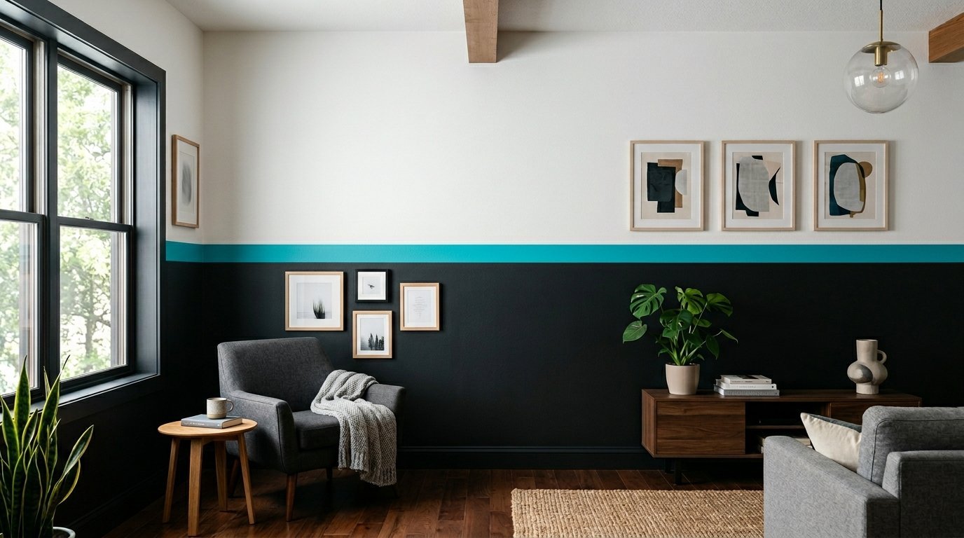 A grey armchair sits next to a wooden side table in a room with a black wall accented by a turquoise stripe.