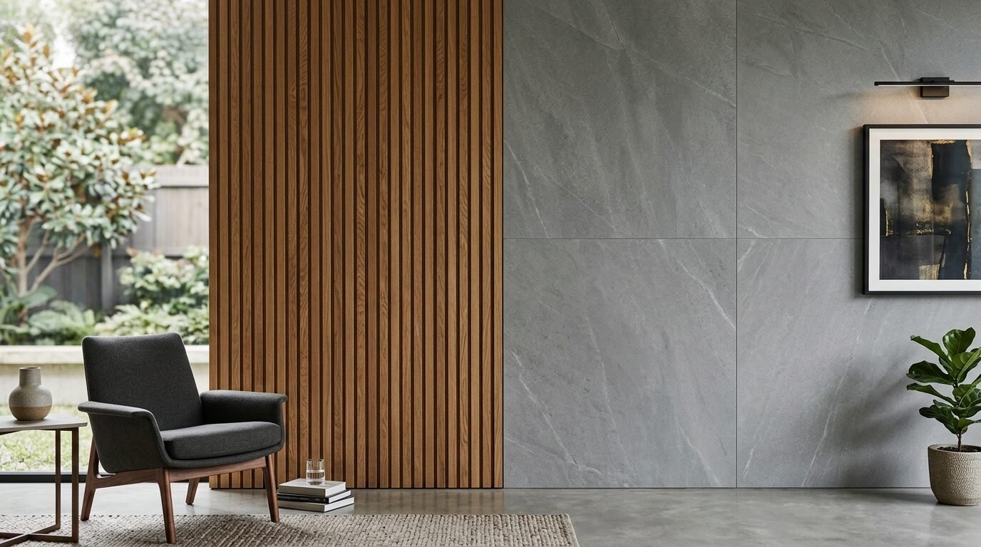 Dark armchair next to a vertical wood slat wall and large grey stone tiles.