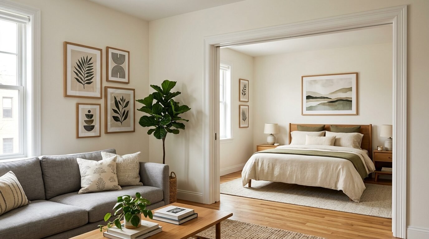 A grey sofa and coffee table next to an open doorway revealing a bedroom with a made bed and green accents.