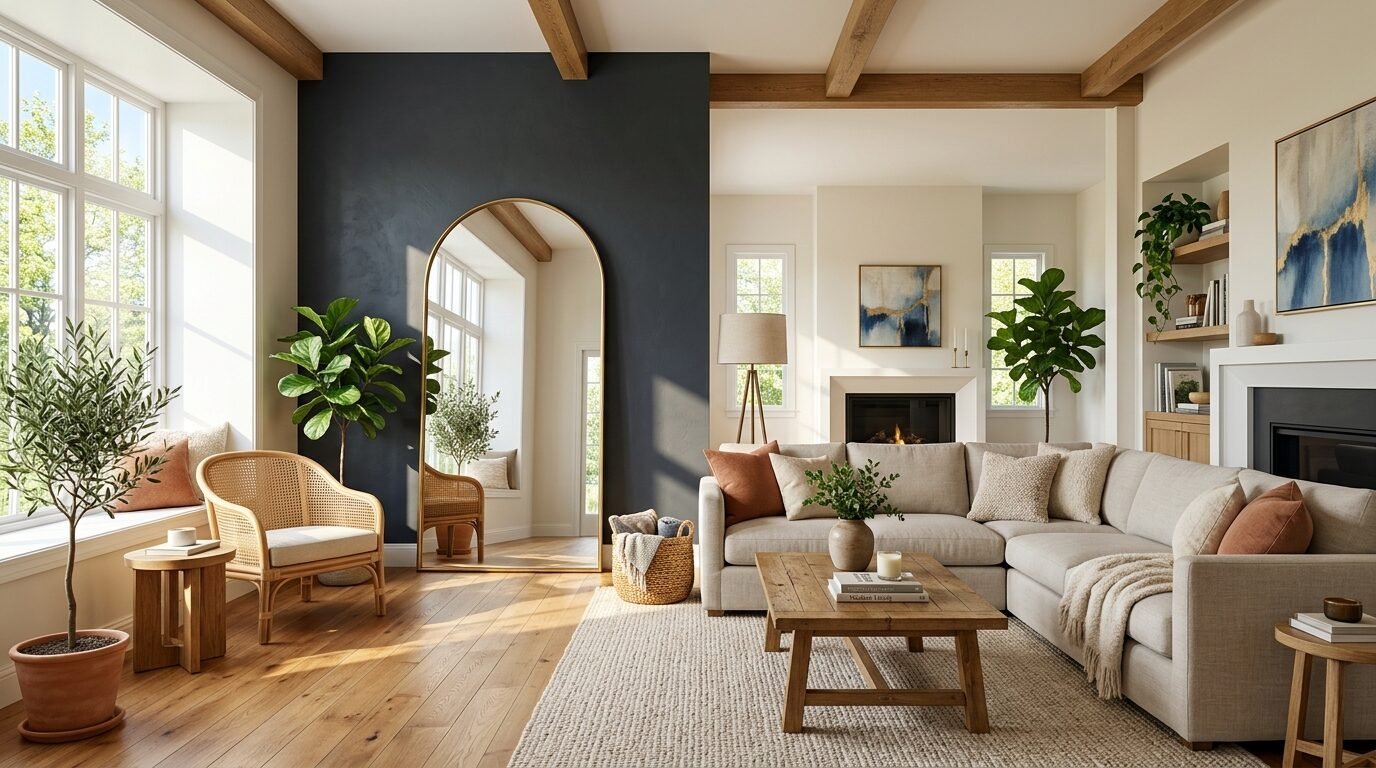 Bright living room featuring a beige corner sofa, wooden coffee table, and a large gold-framed arched mirror.