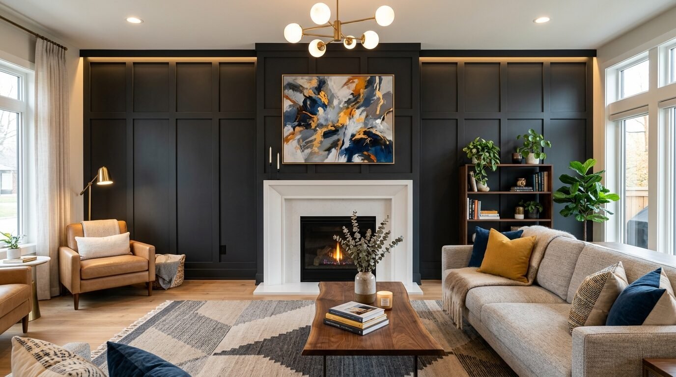 Modern living room featuring a black paneled wall, abstract art, fireplace, and light-colored upholstered furniture.
