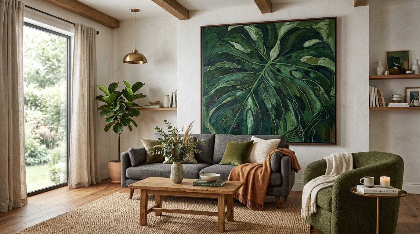 A grey sofa and olive green armchair in a living room with wooden beams and a large leaf painting on the wall.
