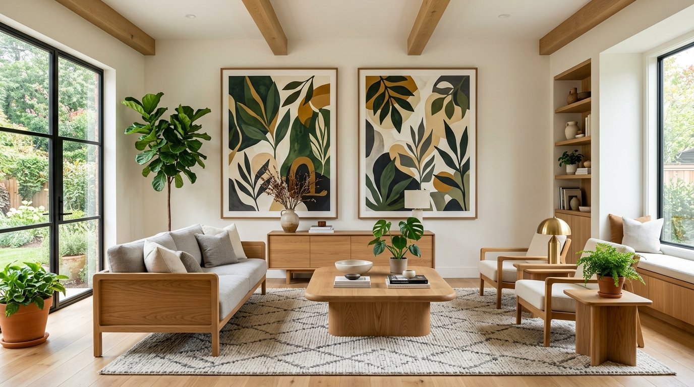 A light-filled living room with a neutral sofa, wooden coffee table, and large abstract leaf paintings on the wall.