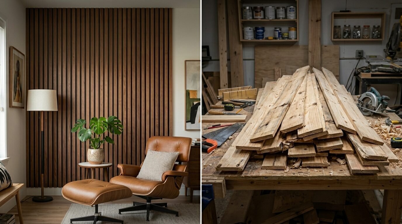 Comparison showing a stylish home interior with slatted walls next to raw lumber on a workshop workbench.