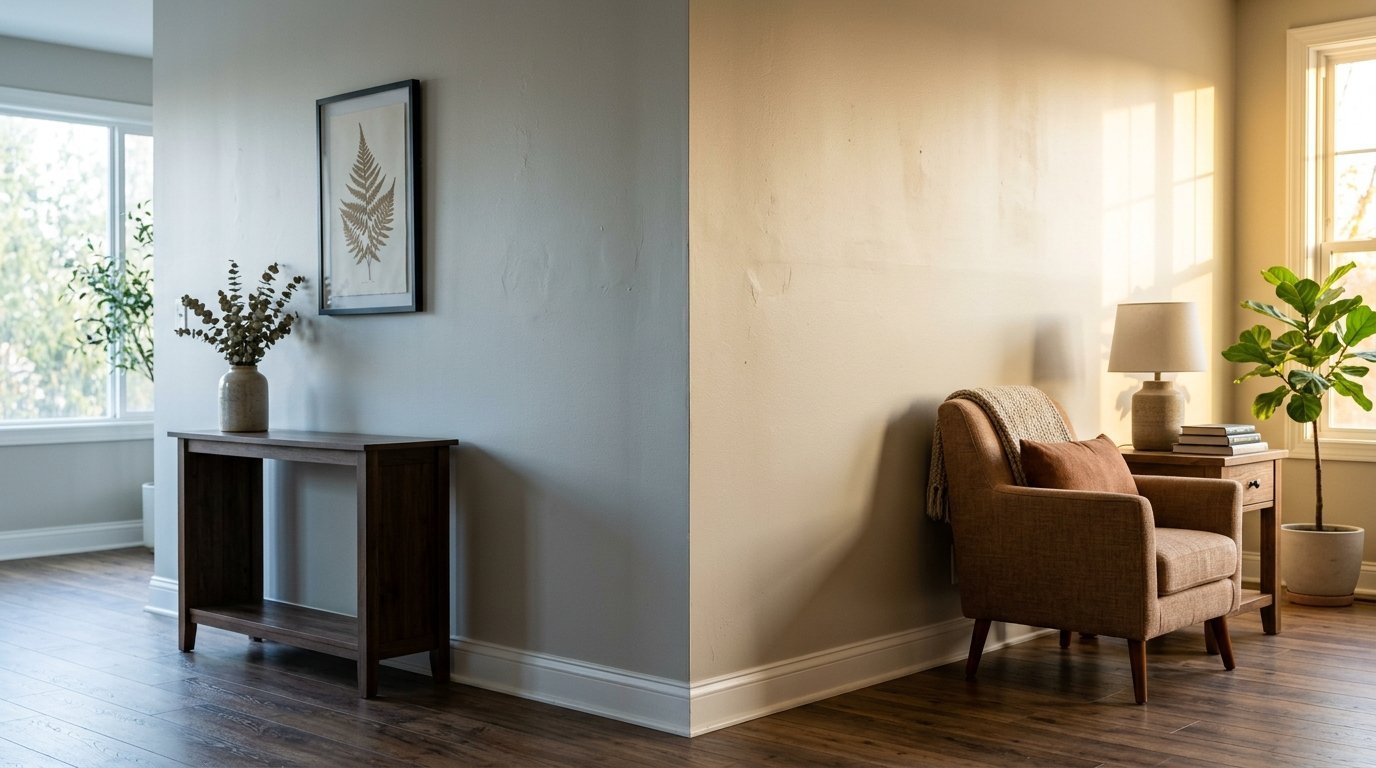 A beige armchair with a brown throw pillow sits beside a console table with a vase and framed fern artwork.