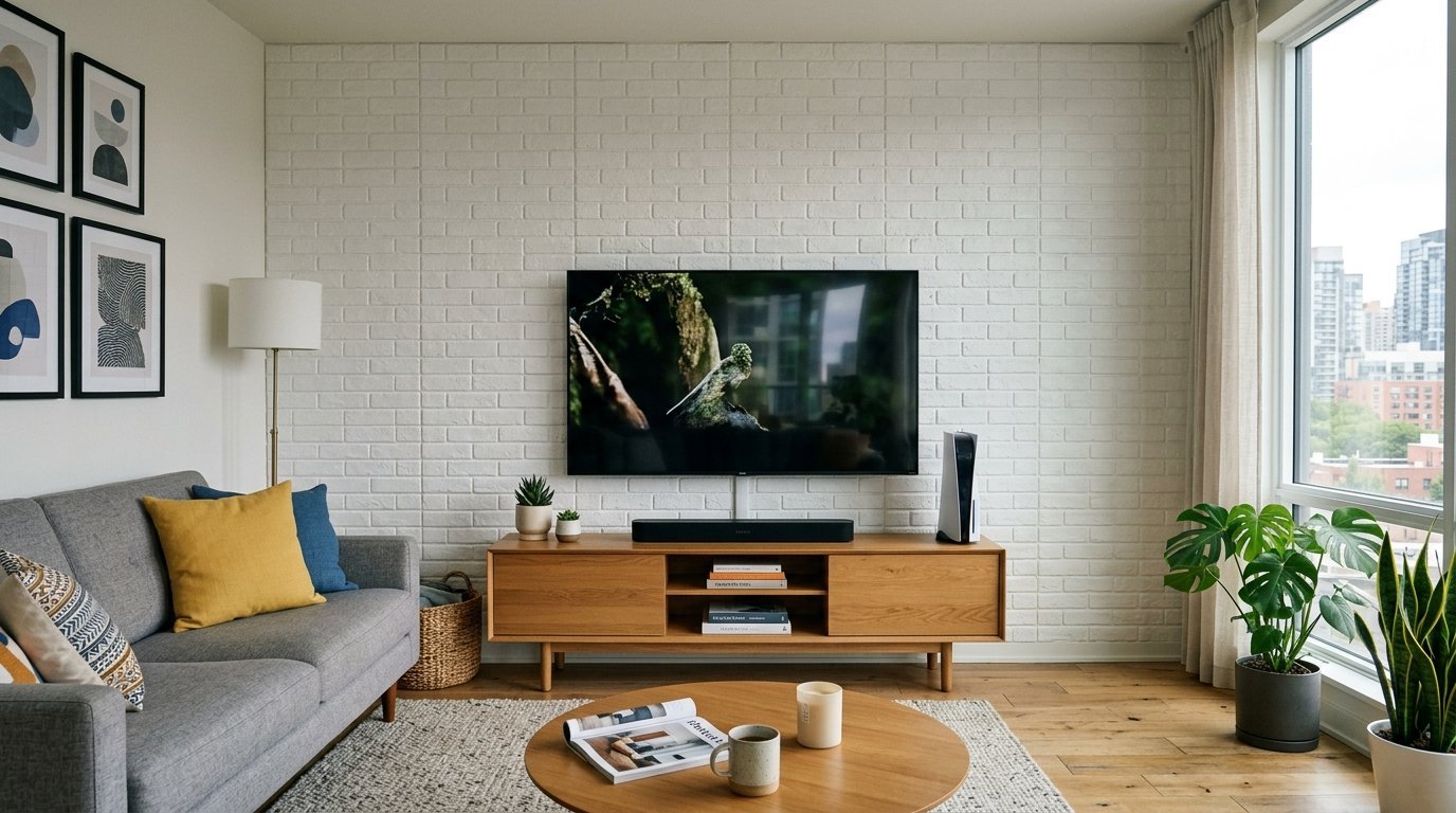 Modern living room with a grey sofa, white brick wall, and television console table.