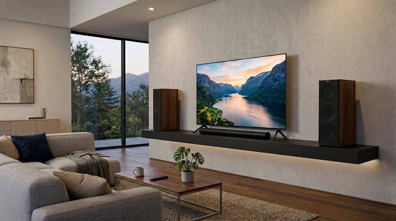 Sleek living room featuring a flat screen TV on a floating shelf flanked by tall wooden speakers.
