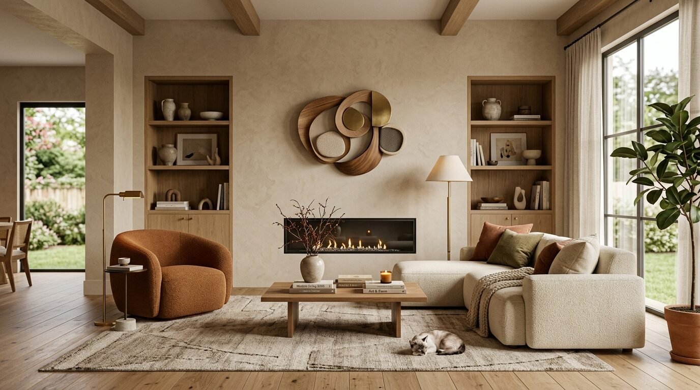 A beige sectional sofa, burnt orange armchair, and fireplace in a neutrally decorated, sunlit living area.