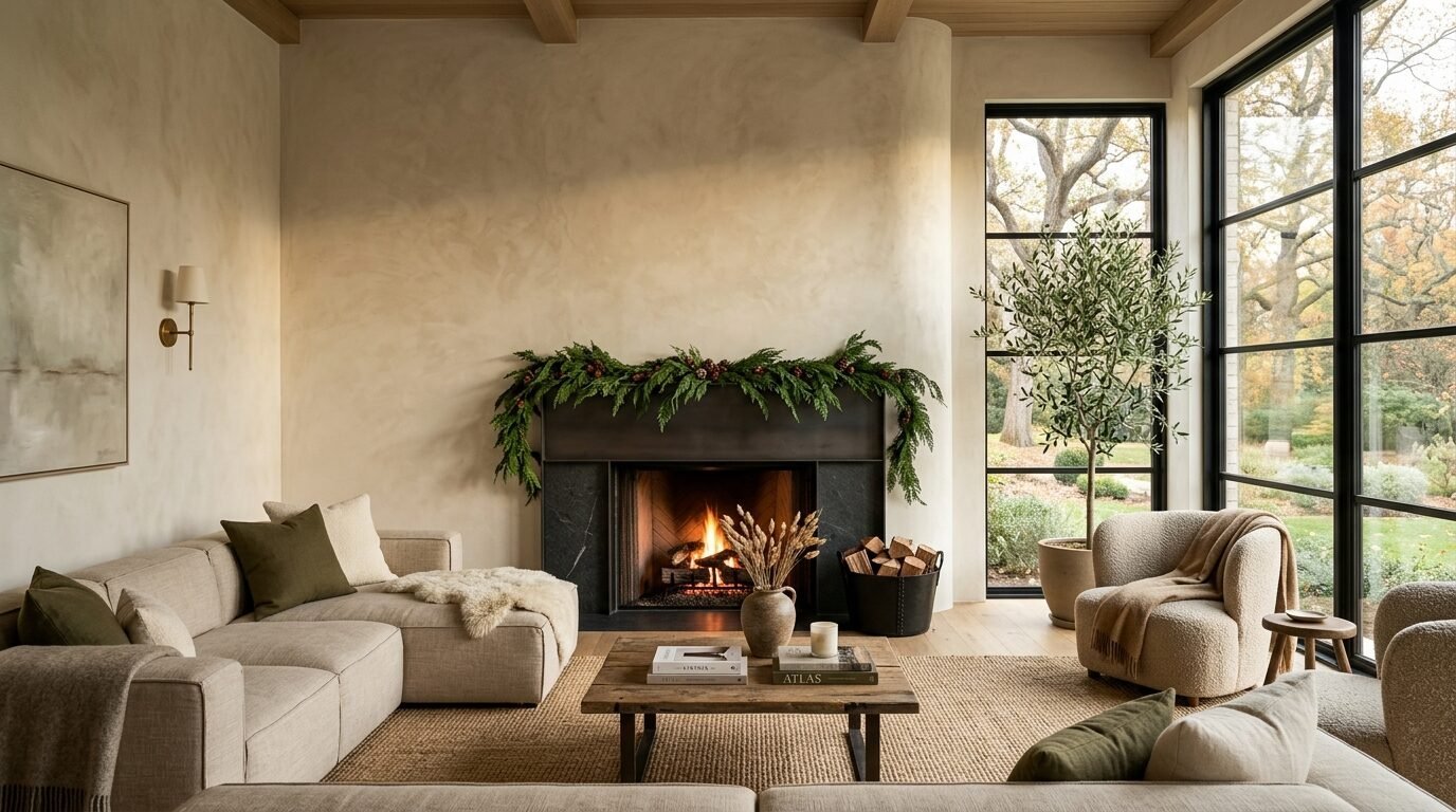 A beige living room with a fireplace, holiday greenery, bouclé armchairs, and floor-to-ceiling windows looking outside.