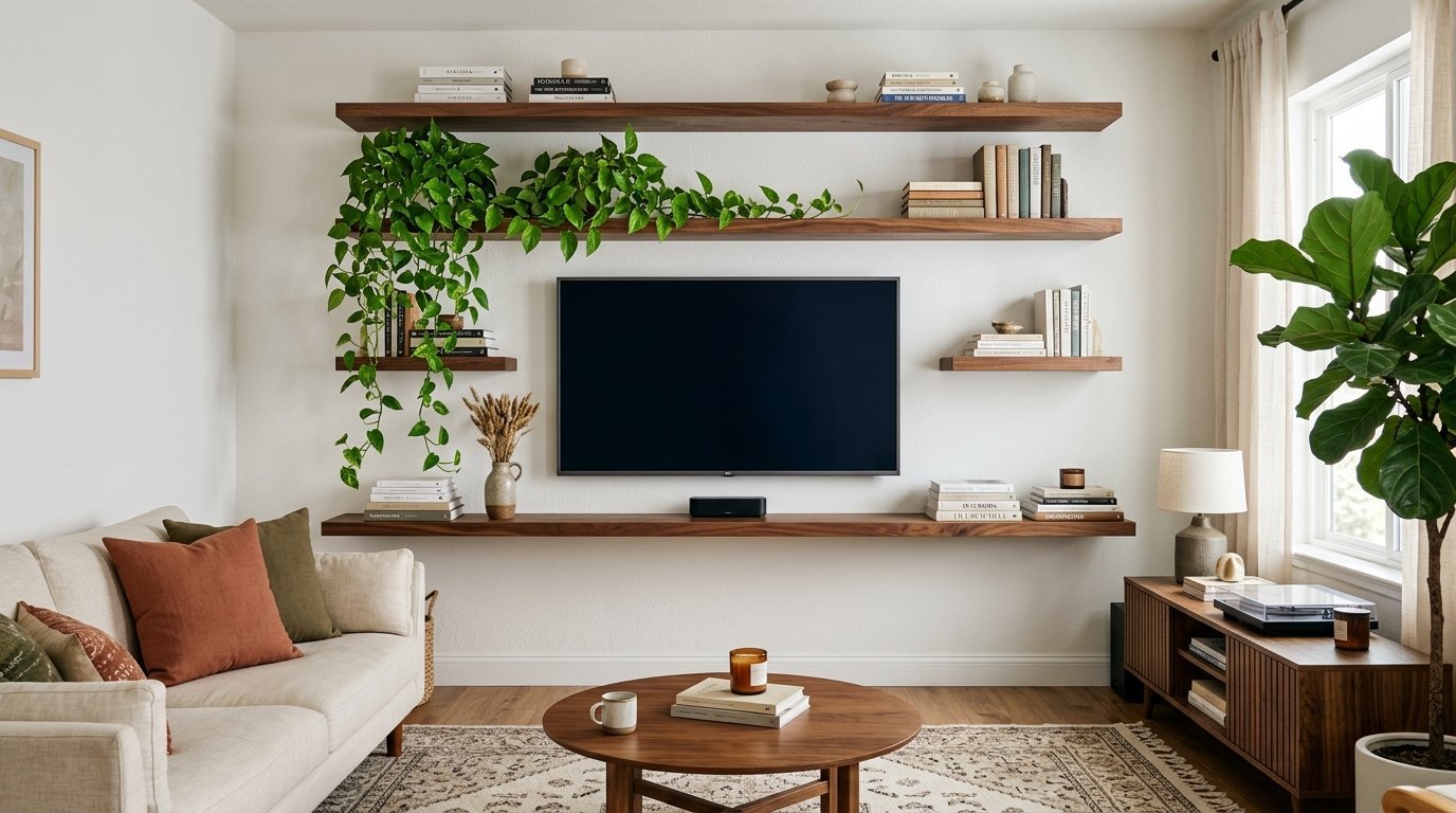 Wall-mounted TV surrounded by wood shelves filled with books and trailing green plants above a light sofa.