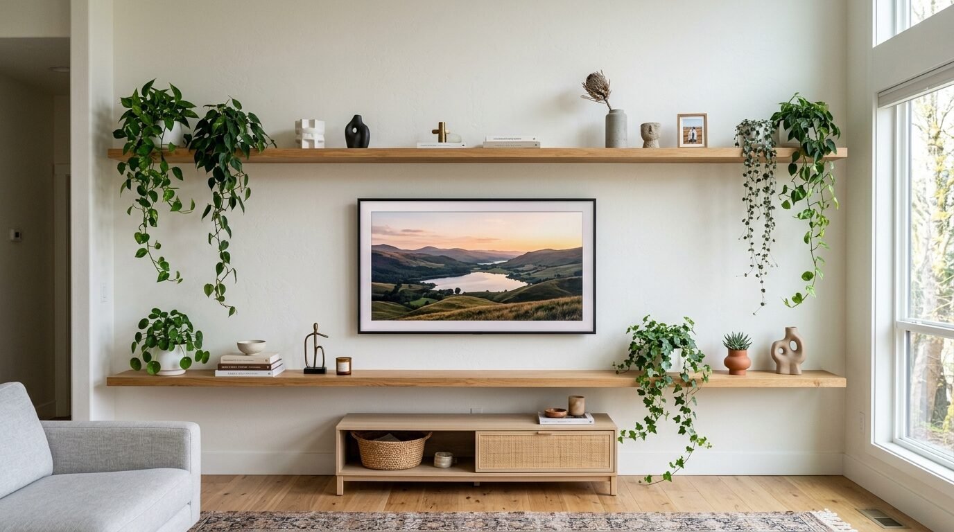 A white wall with two floating wood shelves styled with trailing houseplants and decor items around a wall-mounted TV.