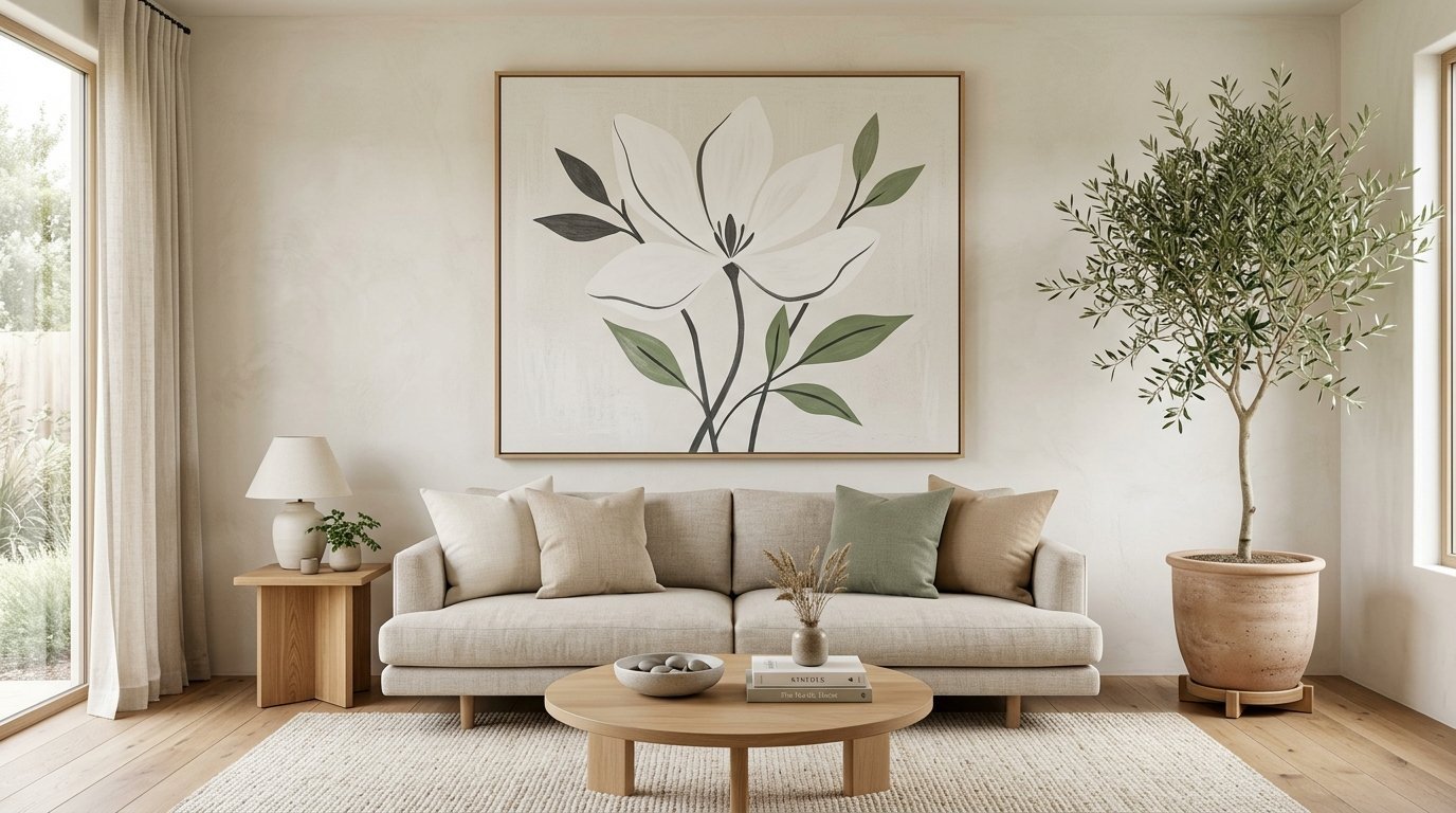 Beige sofa with sage pillows beneath a framed white flower artwork in a neutral sunlit room with a potted olive tree.