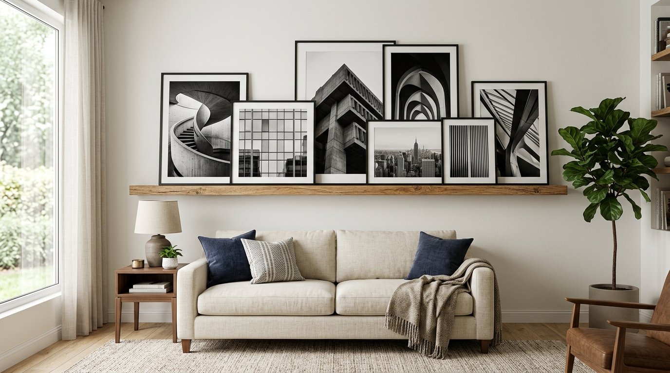 Neutral cream sofa with pillows below a wooden floating shelf featuring black and white framed photography prints.