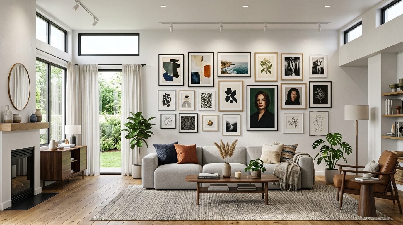 Modern living room with a large gallery wall of diverse framed prints above a light grey sofa and wooden coffee table.