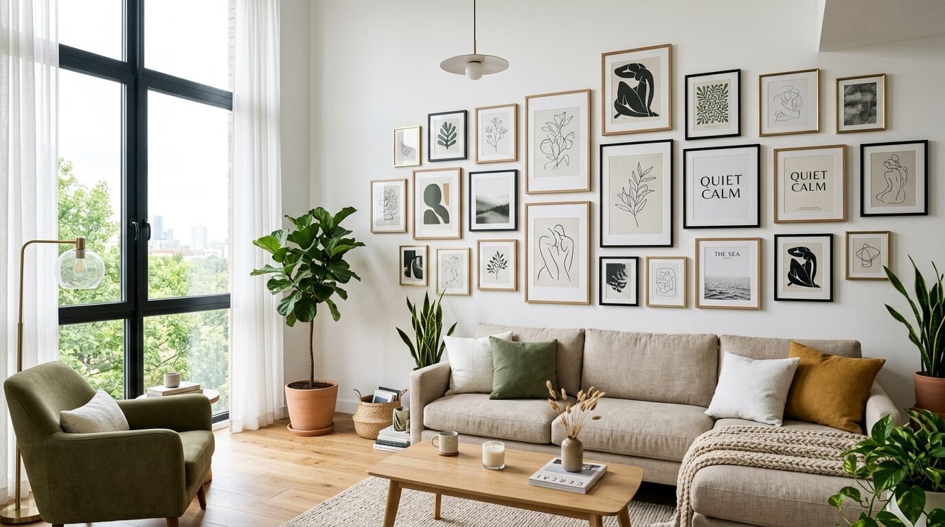 A beige couch sits before a gallery wall filled with black and white line art prints and framed sketches.