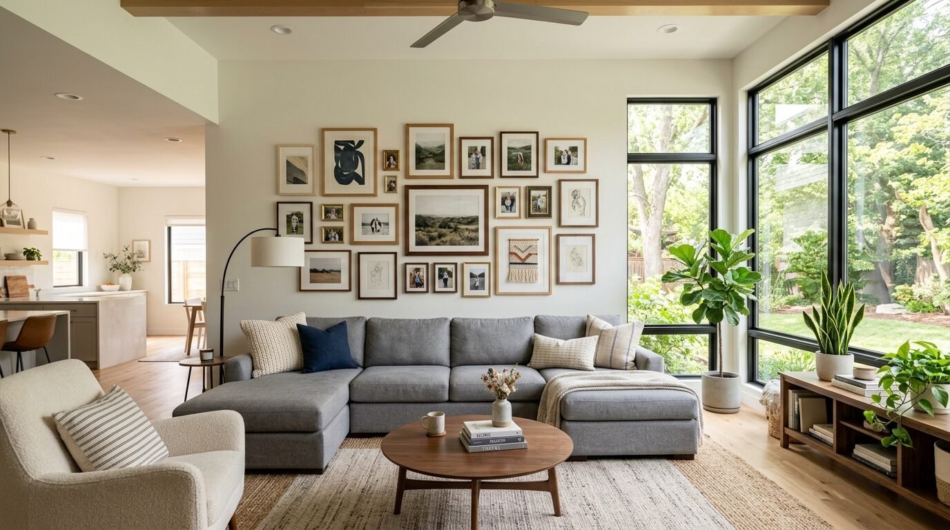 Grey sectional sofa facing a gallery wall with various framed photos and artwork in a sunlit living room.