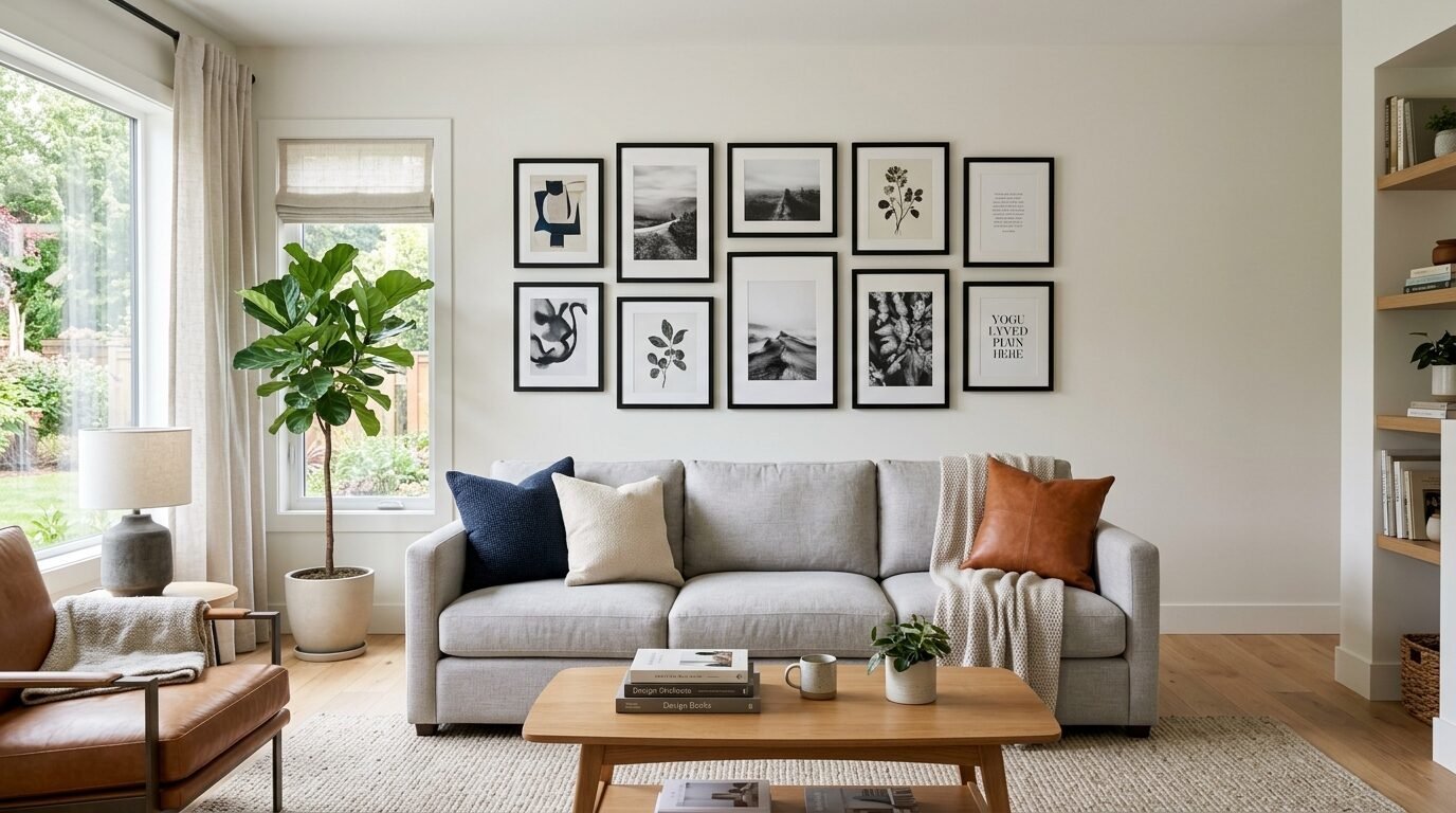 Light grey sofa with decorative pillows situated under a framed black and white photo gallery wall.