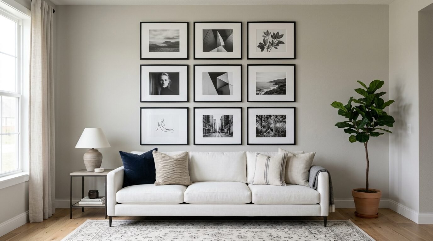 Neutral living room featuring a white couch, side table lamp, and nine framed black and white art prints.