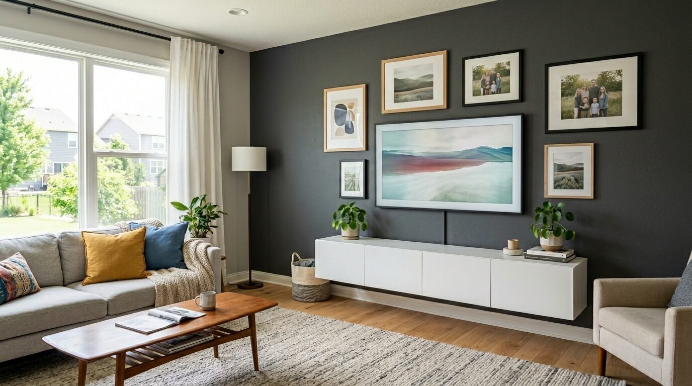 Modern interior with a grey accent wall, white floating cabinet, art-display television, and a cozy grey sofa.
