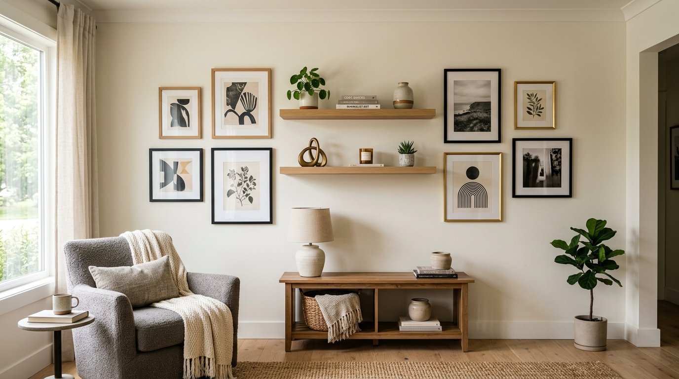 A grey armchair sits next to a wooden console table under shelves decorated with art prints and indoor plants.