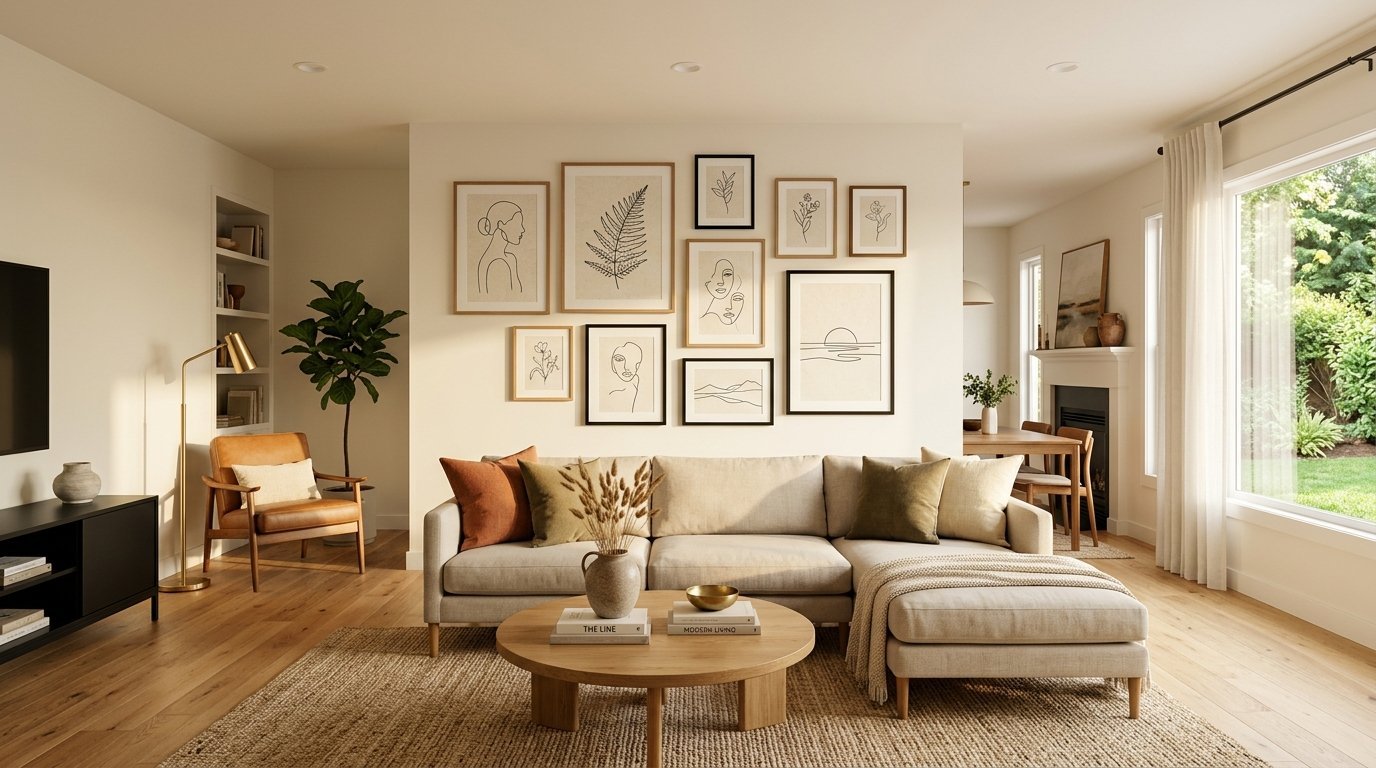 Modern living room with a beige sofa, round coffee table, and framed line art gallery wall decor.