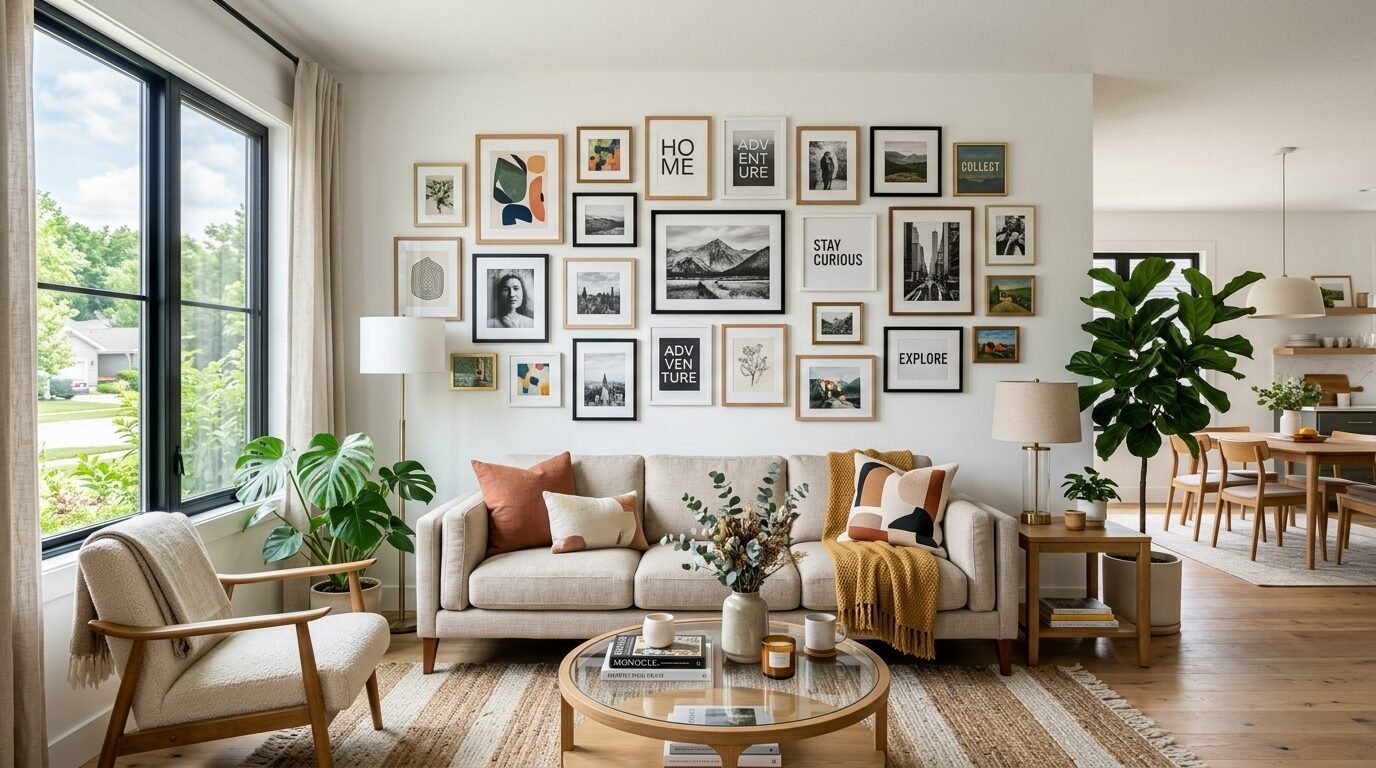 Beige sofa with throw pillows and a glass coffee table in a room decorated with a diverse gallery wall display.