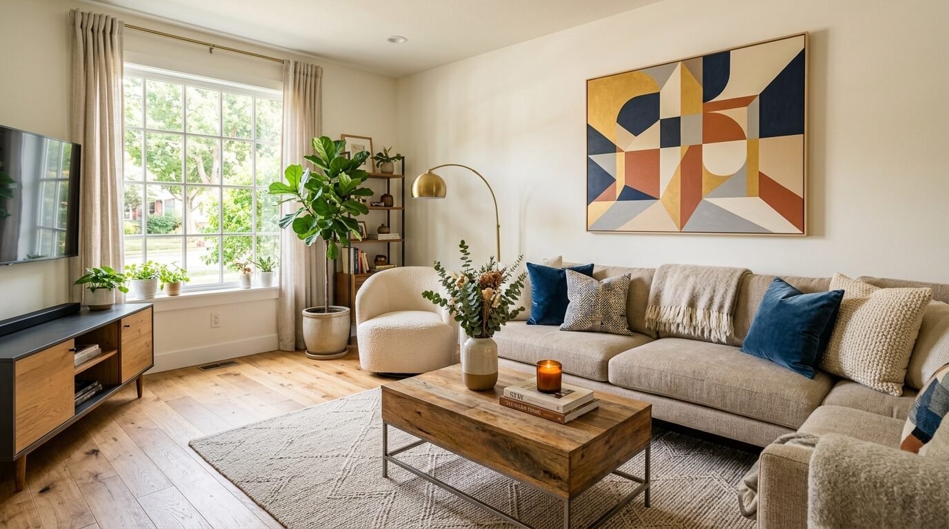 Bright living room with a beige sofa, wooden coffee table, fiddle leaf fig plant, and colorful abstract wall art.