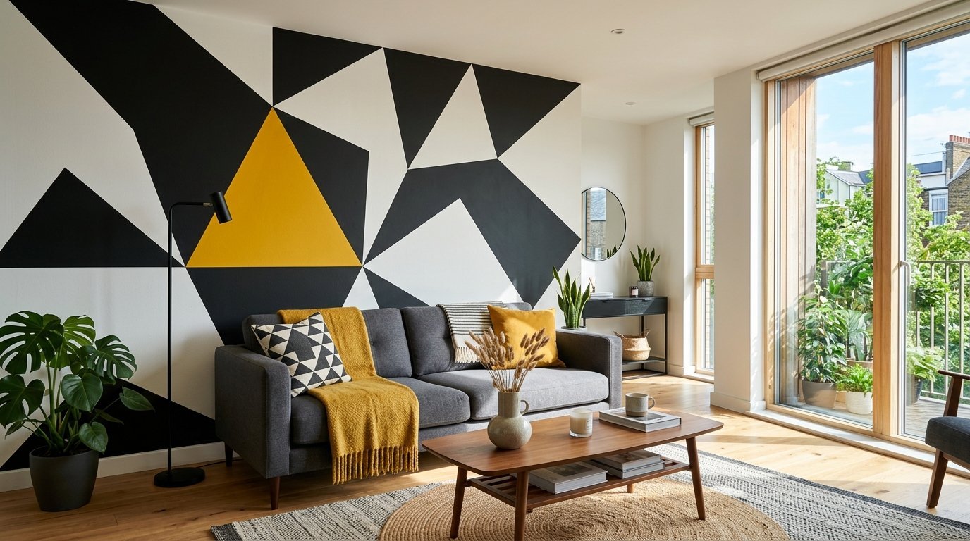 Grey sofa with yellow throw blankets in a bright room with a large graphic mural and hardwood floors.