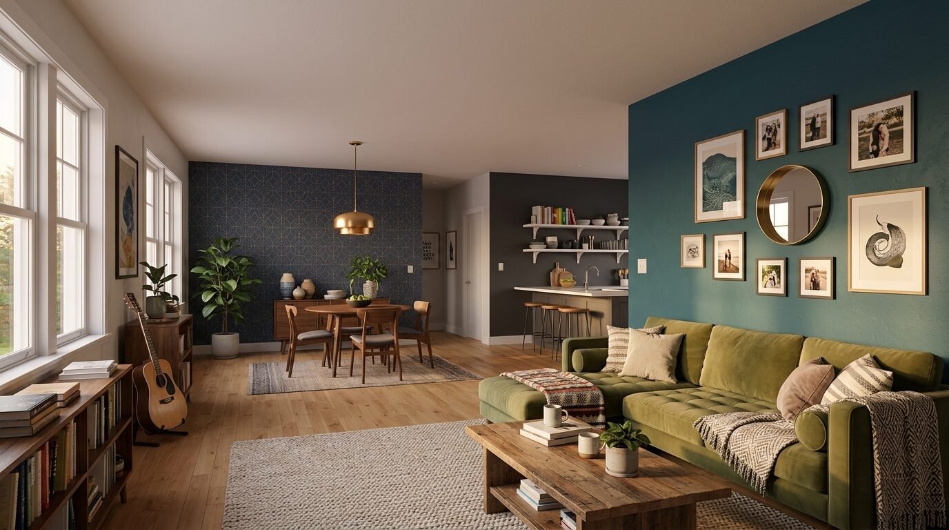 Spacious interior featuring a green sectional, gallery wall, and adjacent dining area with patterned wallpaper.