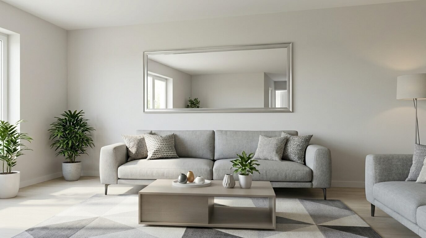 A light grey sofa placed beneath a large landscape mirror in a clean, contemporary living area.