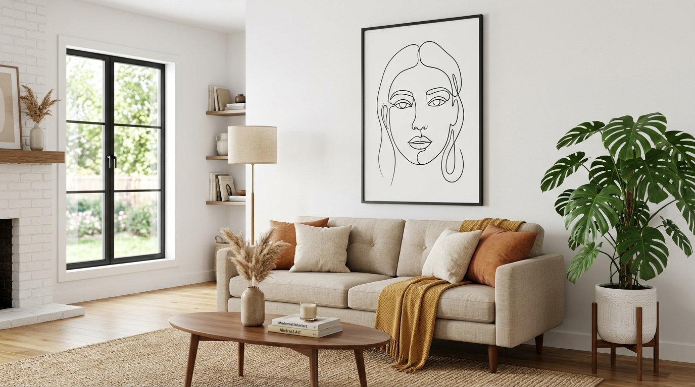 A beige sofa sits in a bright room beneath a large framed black and white continuous line drawing of a woman's face.