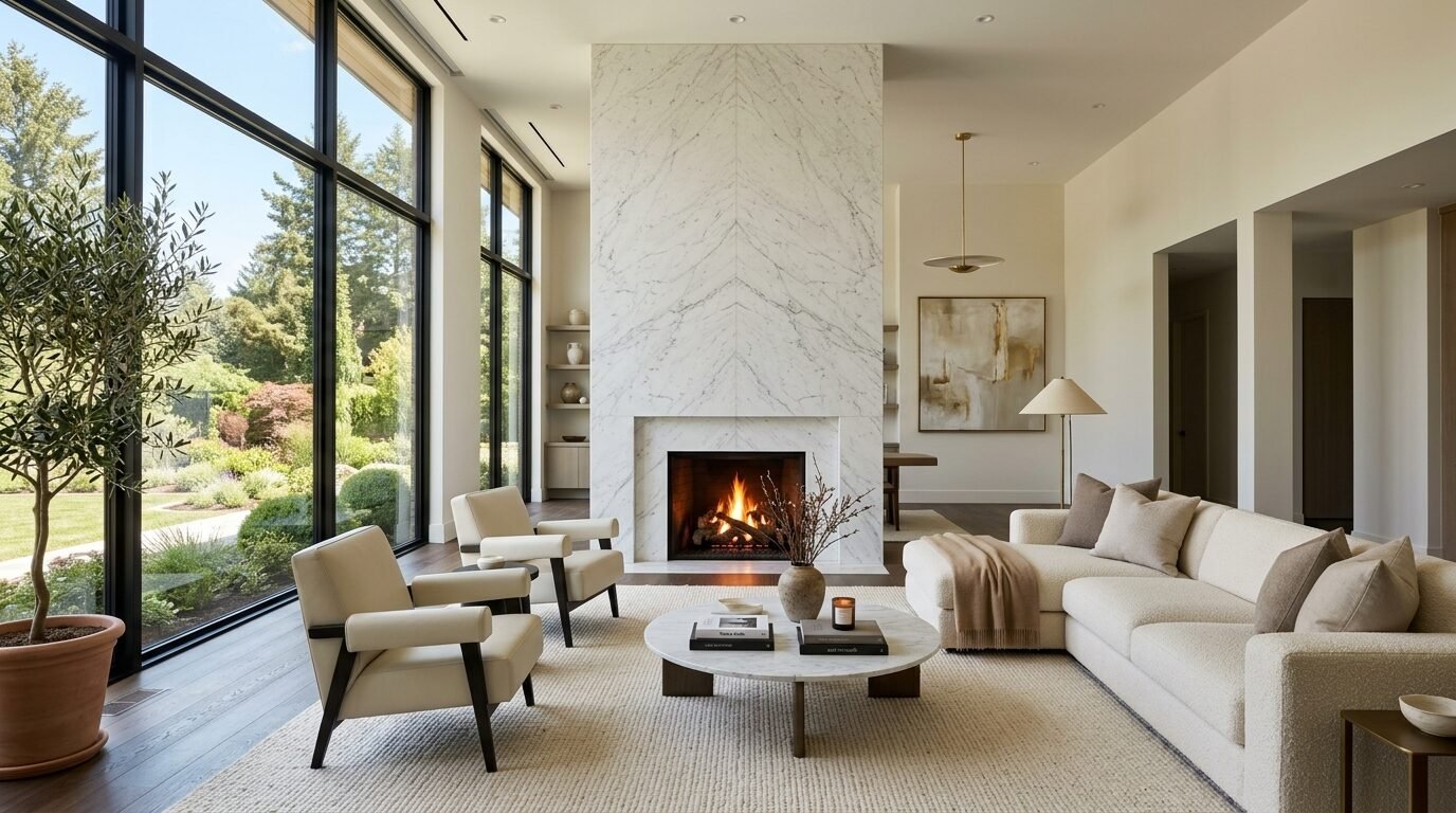 Bright living room with white sofas, circular marble coffee table, and a large marble fireplace with a burning fire.