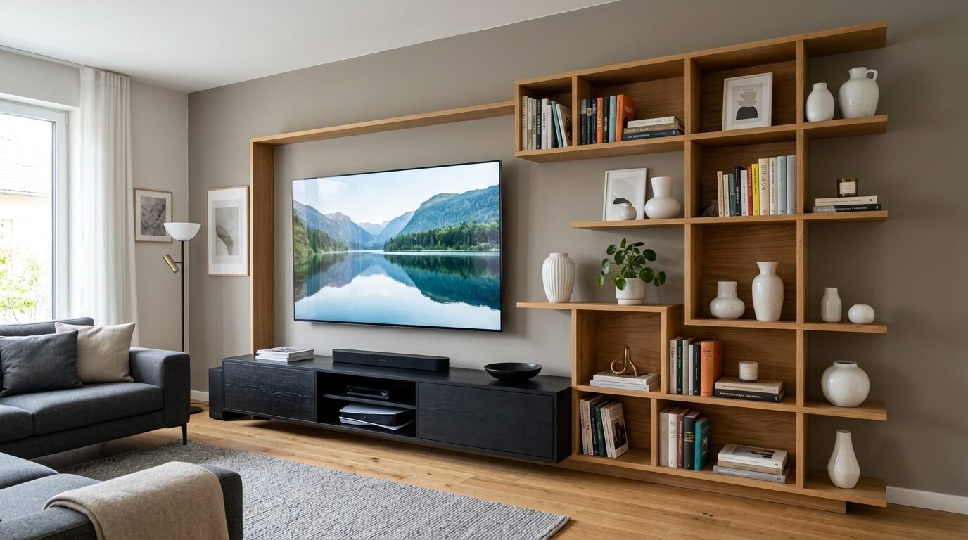 Sleek living room featuring a mounted flat-screen TV, black media console, and an asymmetrical oak bookshelf.