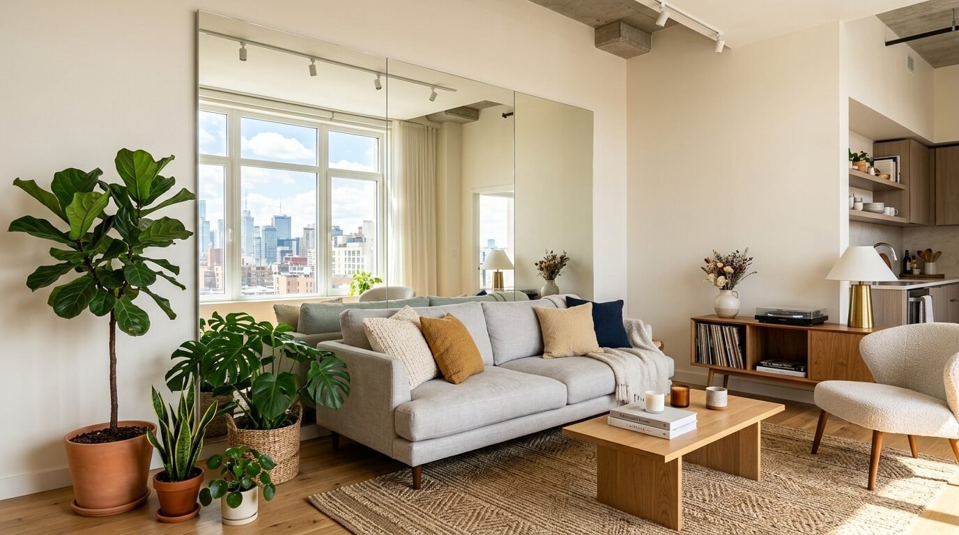 Bright living room with a light grey couch, large floor plants, a wooden coffee table, and a city view reflected in a mirror.