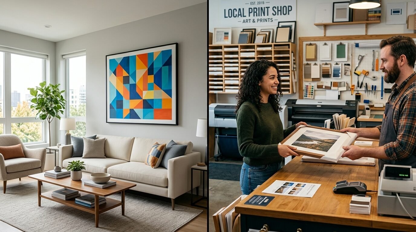 Split screen showing a stylish modern living room on the left and a customer receiving framed art in a print shop.