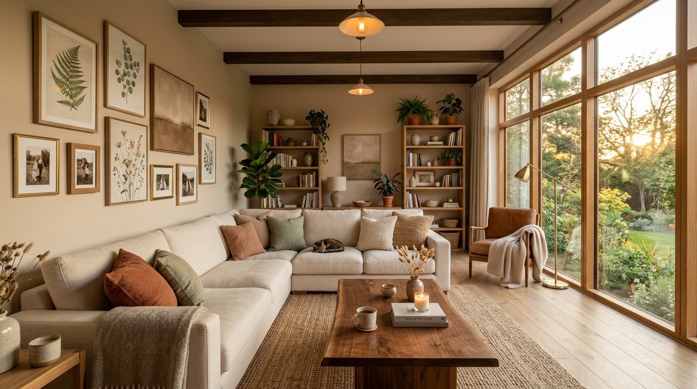Spacious living room featuring a cream sectional sofa, wooden coffee table, and large windows overlooking a garden.