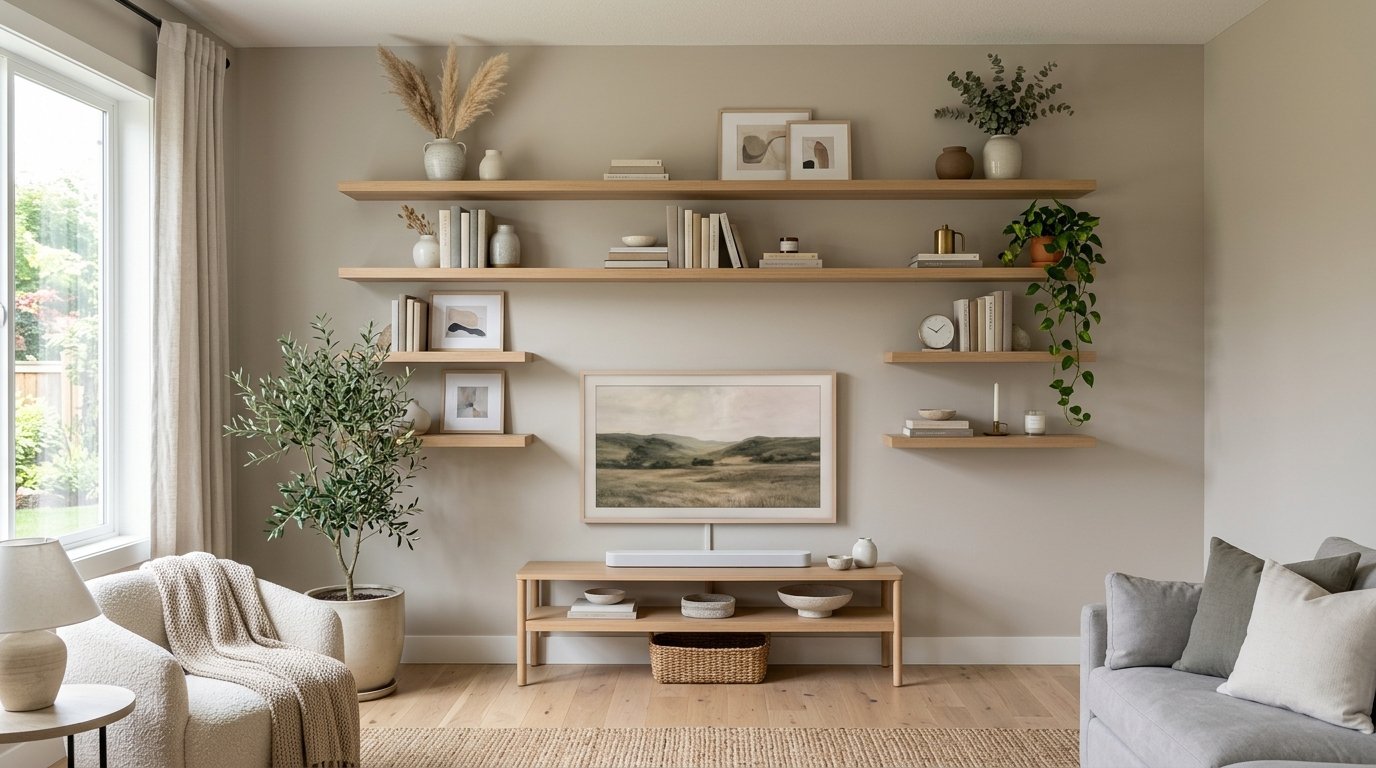 A beige living room wall with natural wood floating shelves, a framed landscape TV, and decorative potted plants.