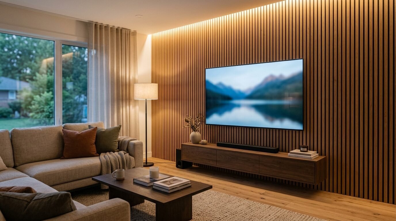 Contemporary lounge featuring a wall-mounted TV on wooden slats, a sectional sofa, and floor lamp.