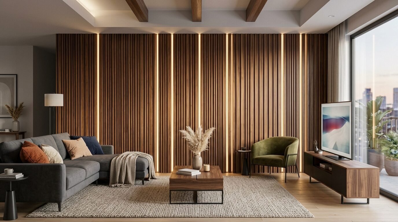 Contemporary living room with a grey sofa, velvet armchair, and warm LED strip lighting accents on a wooden slat wall.