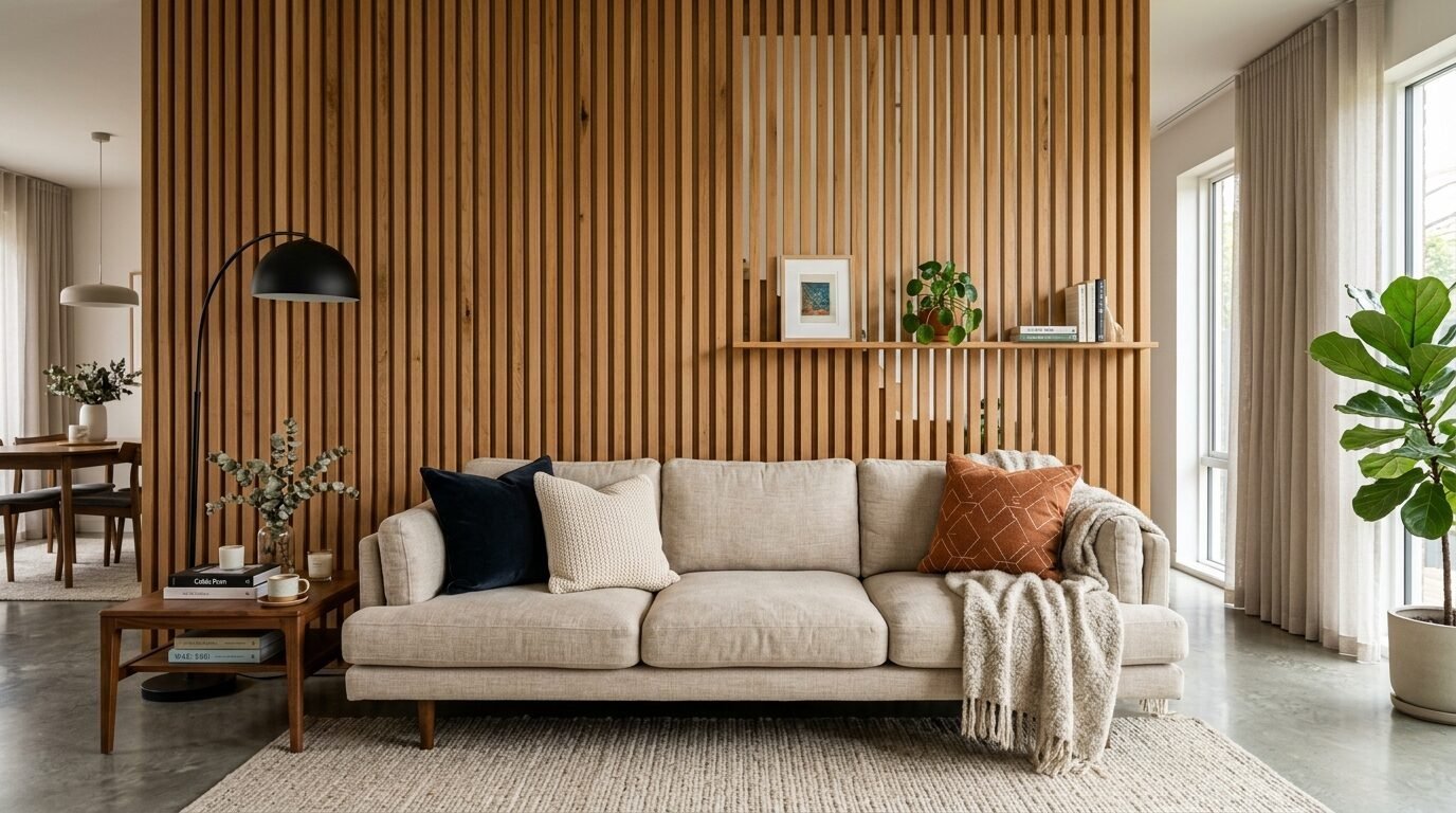 Neutral couch with accent pillows in front of a vertical wood slat partition wall.