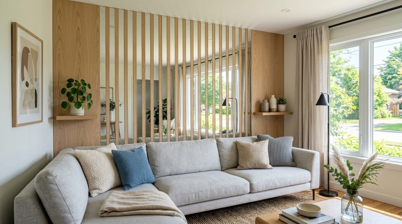 Grey sectional sofa placed in front of a decorative wall with alternating wood slats and tall mirror panels.