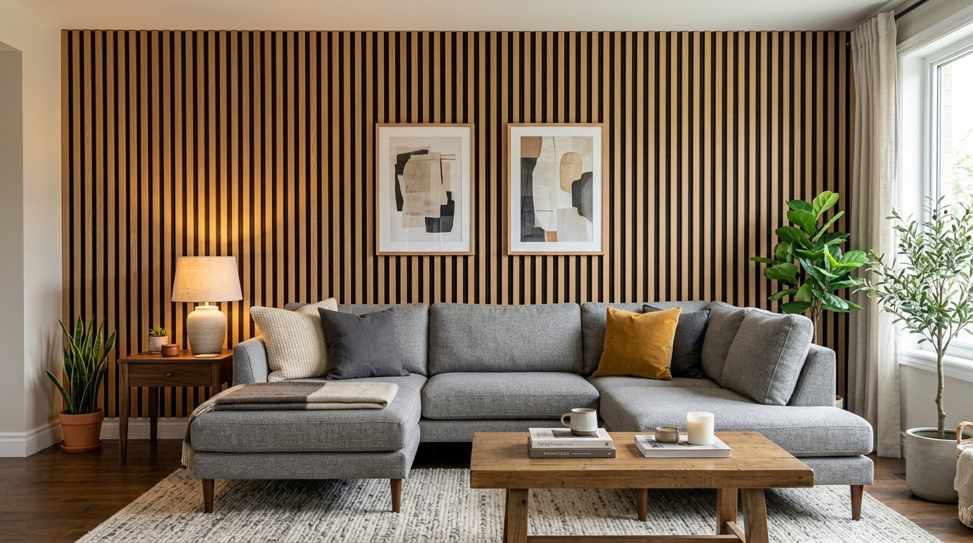 A comfortable grey couch sits in front of an accent wall made of vertical wooden slats and framed abstract artwork.