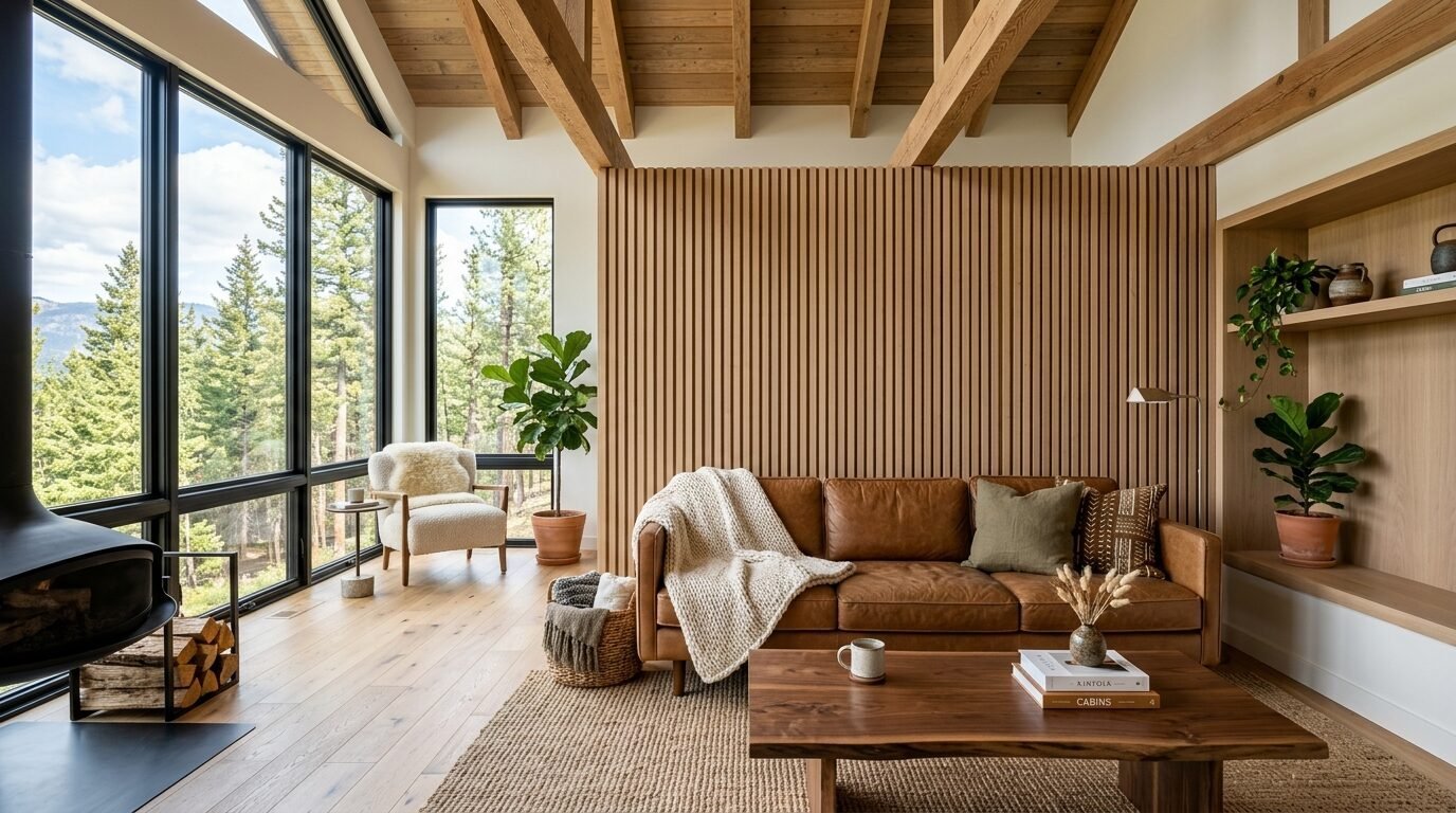 A rustic modern living room featuring a tan leather couch, wooden slat wall, and large windows with forest views.