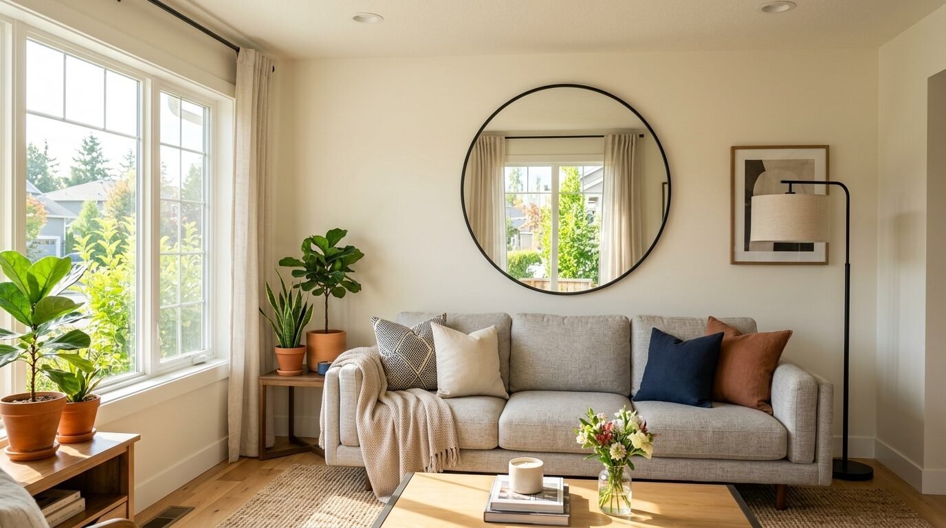 A grey upholstered sofa with throw pillows sits in a bright room with a round black-framed wall mirror.