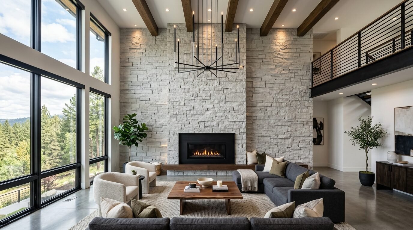 Modern living room with a tall stone fireplace, black chandelier, and expansive windows overlooking a forest.