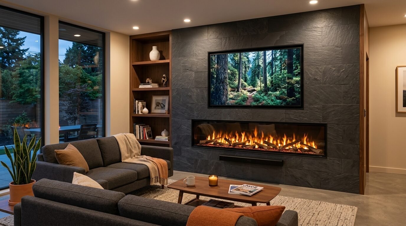Grey sectional sofa facing a wall with a linear fireplace and a mounted TV display of a forest.