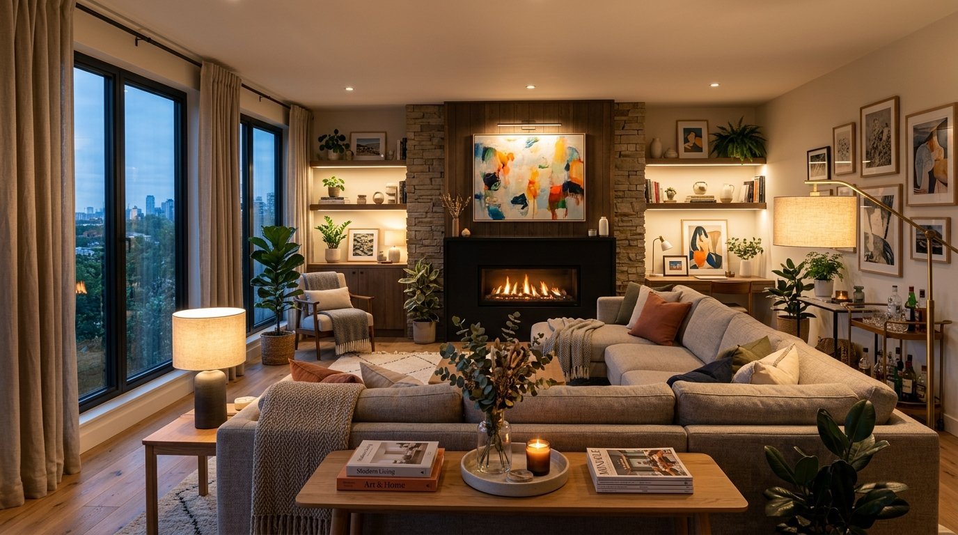 A warm living room with a large sofa, fireplace, glowing lamps, and indoor plants overlooking a city skyline.