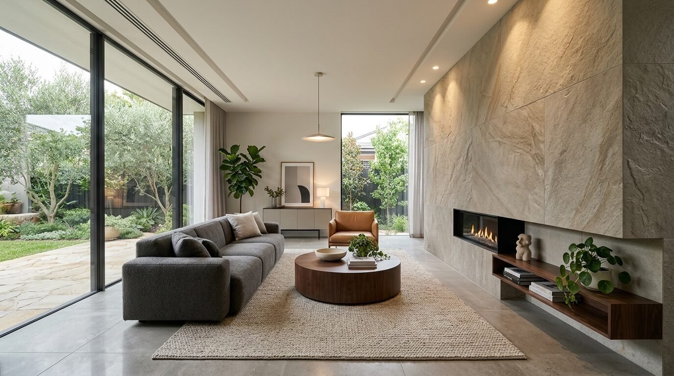 A modern lounge with a grey sofa, wooden coffee table, and an integrated fireplace built into a beige stone wall.