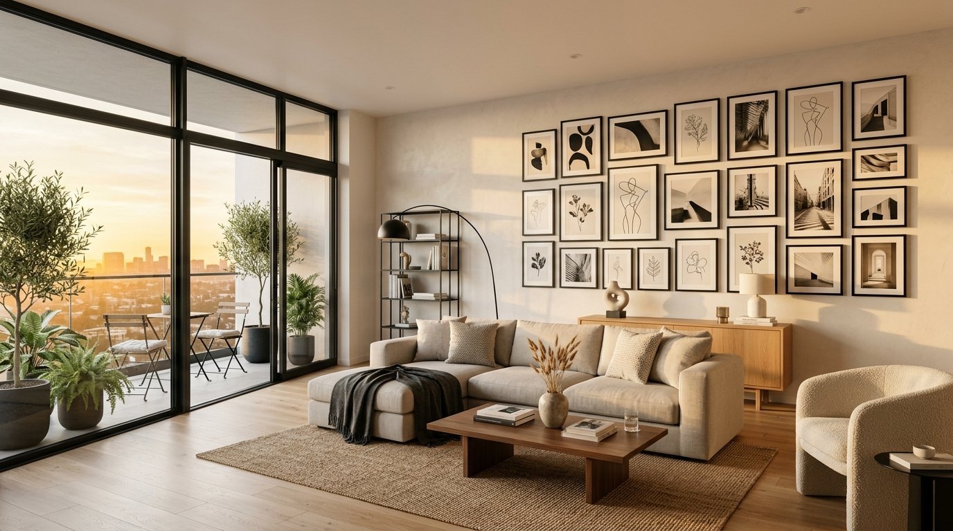 Bright apartment interior with a beige sectional, gallery wall, and a balcony view of a city sunset.